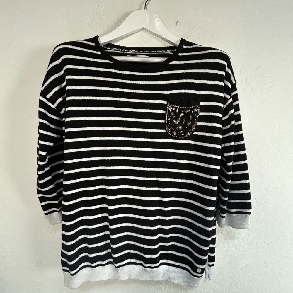 Brax Womens Black White Striped Sweater with Embellished Pocket Size 42 Pullover